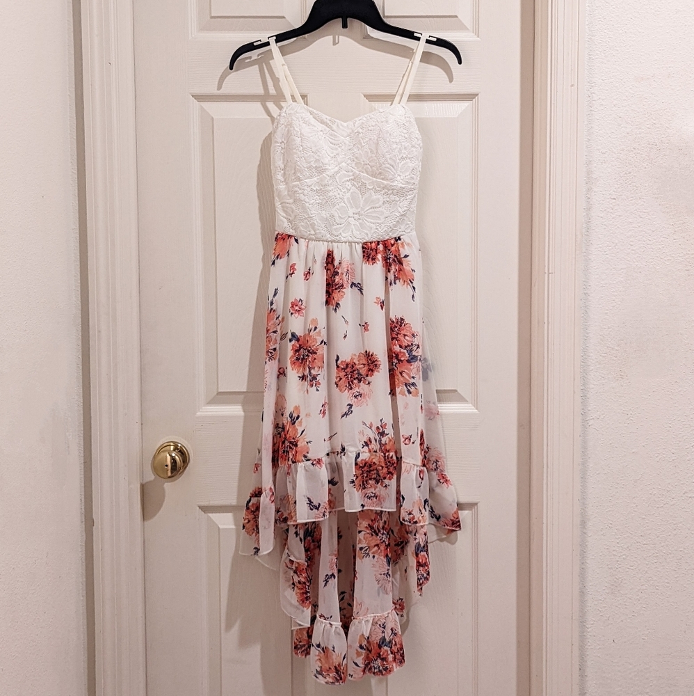 AUW Floral High Low Adjustable Strap Dress, Blue Orange Flower Print Lace Dress